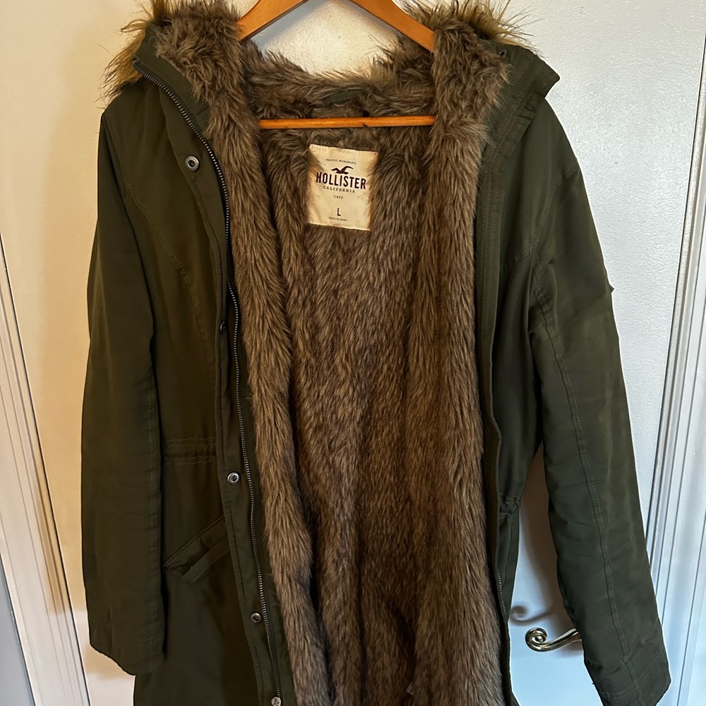 Hollister Olive Green Utility Jacket with Faux Fur Lining